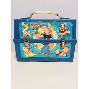 Popeye Vintage Blue Plastic Lunchbox/Thermos Aladdin Ind Cartoons 1970's 7"×9"